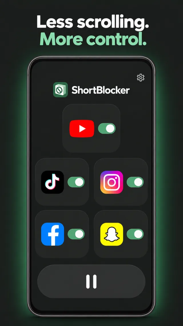 ShortBlocker home screen on an Android phone: switches for YouTube, TikTok, Instagram, Facebook and Snapchat, all on, above a pause button