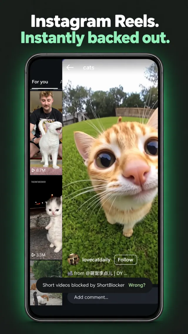 An Instagram Reel of a cat sliding away as ShortBlocker leaves it, with a “Short videos blocked by ShortBlocker” notice
