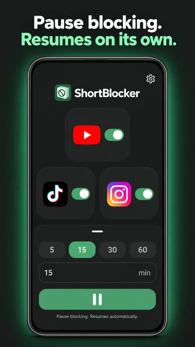 ShortBlocker pause sheet: 5, 15, 30 and 60 minute buttons, a minutes field and a pause button