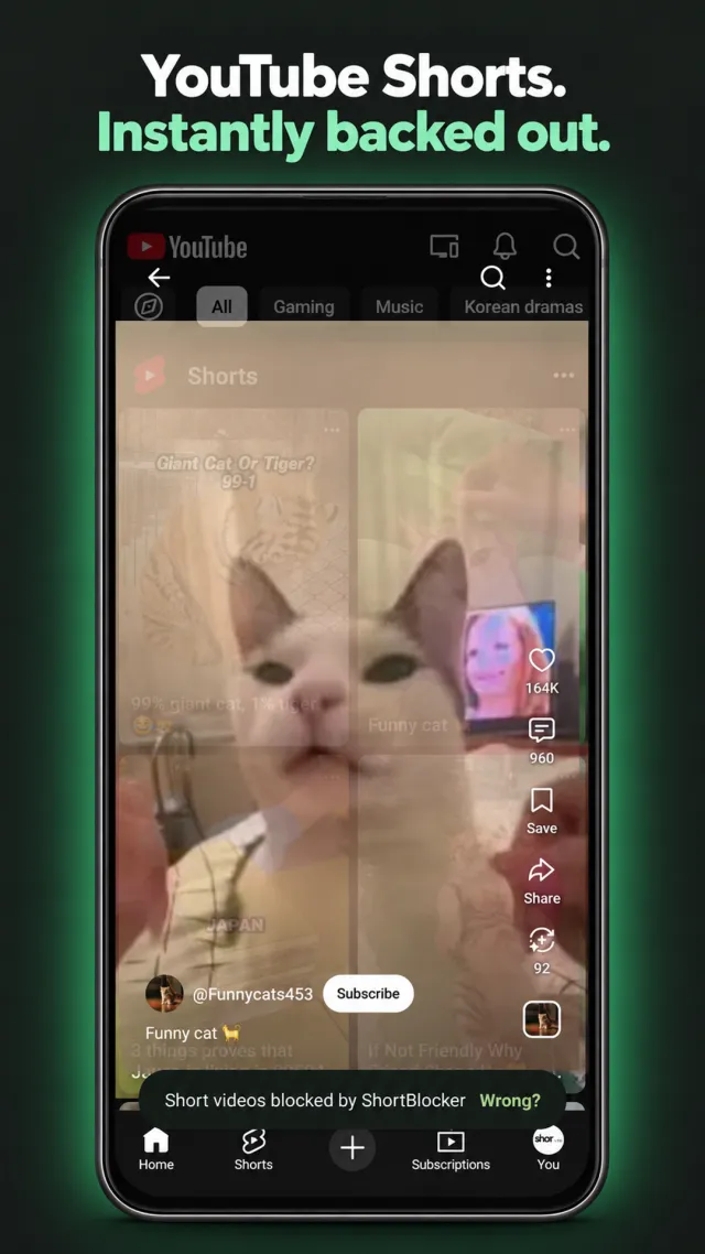A YouTube Short fading out as ShortBlocker leaves it, with a “Short videos blocked by ShortBlocker” notice at the bottom of the screen