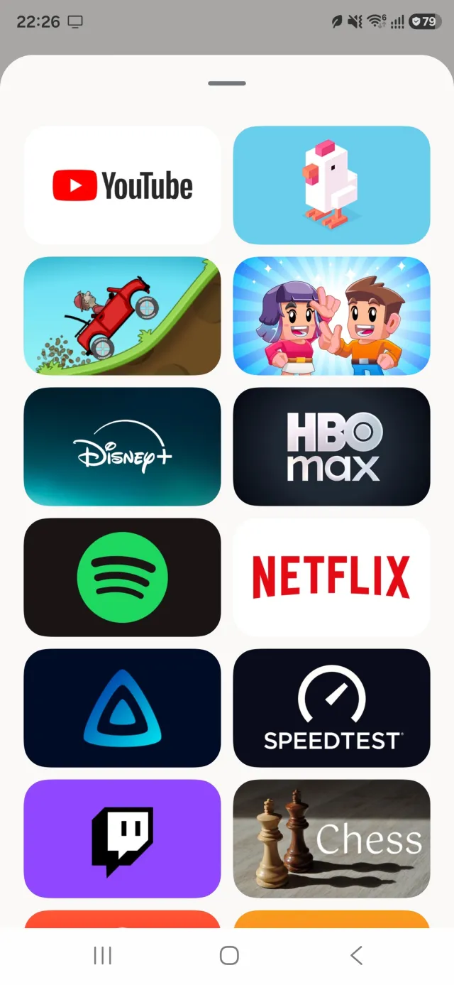 True Remote quick launch screen on an Android phone: a grid of the Apple TV's apps to open