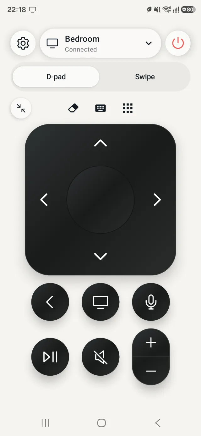 True Remote D-pad screen on an Android phone: arrow pad with OK, then Back, TV/Home, hold to speak, play/pause, mute and volume buttons