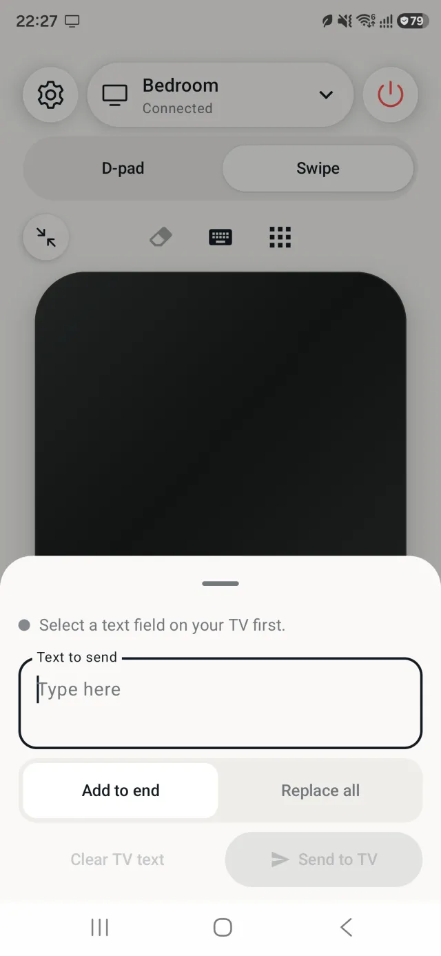 True Remote phone keyboard sheet on an Android phone, for typing text into the Apple TV