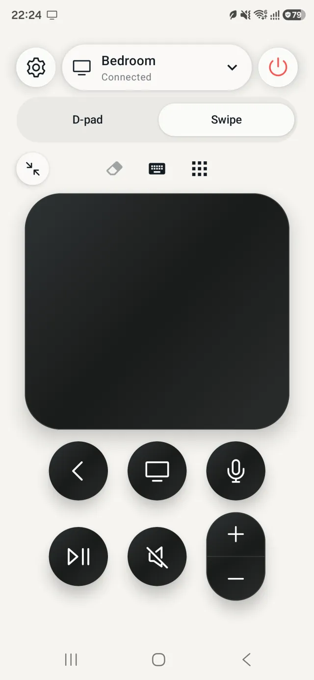 True Remote touch pad screen on an Android phone: a large pad to swipe and click, with Back, TV/Home, hold to speak, play/pause, mute and volume buttons